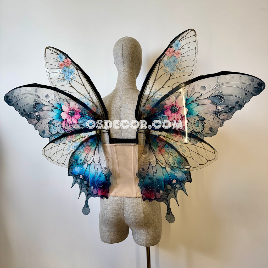 Floral gradient black, blue, pink, clear fairy wings for cosplay photoshoot and costume