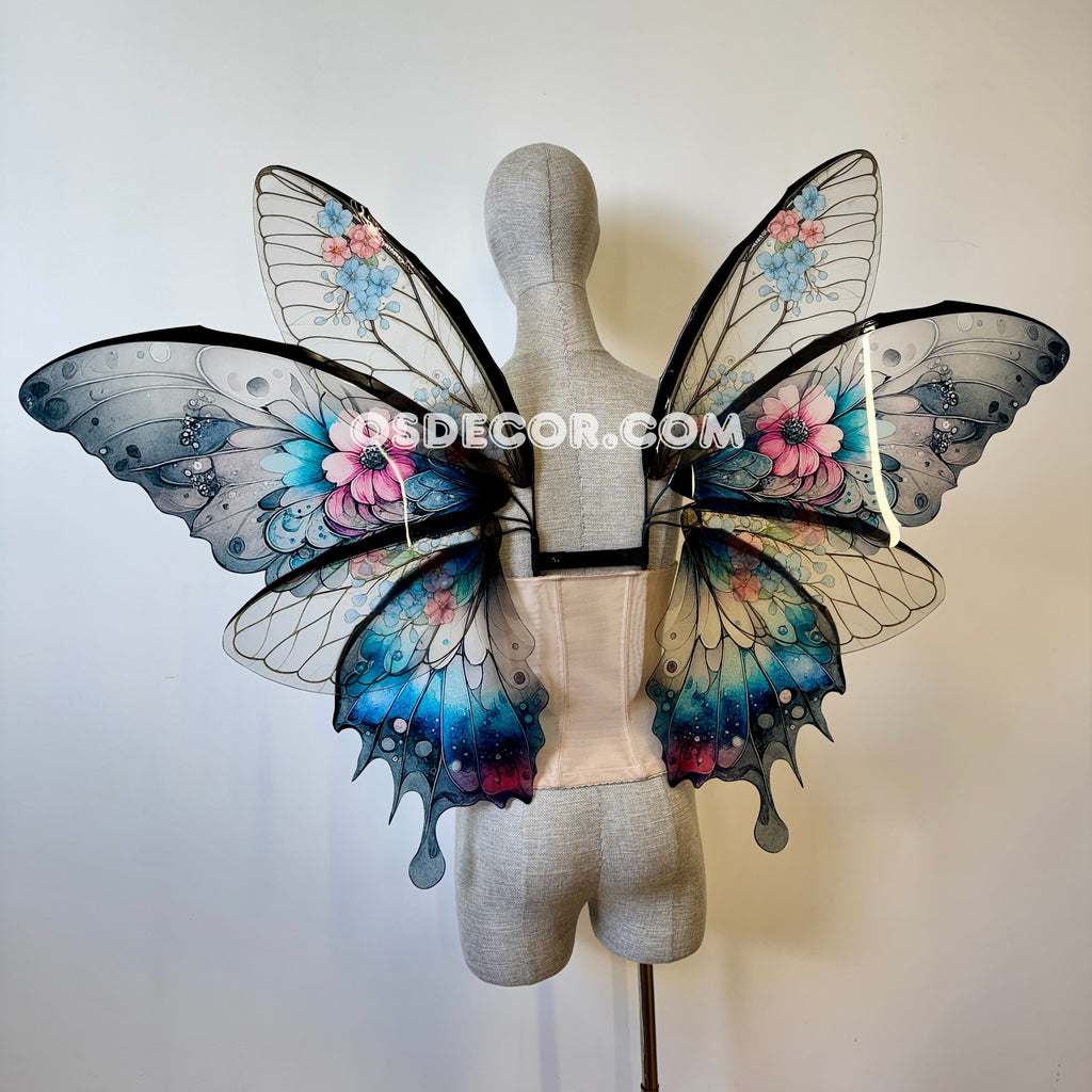 Floral gradient black, blue, pink, clear fairy wings for cosplay photoshoot and costume