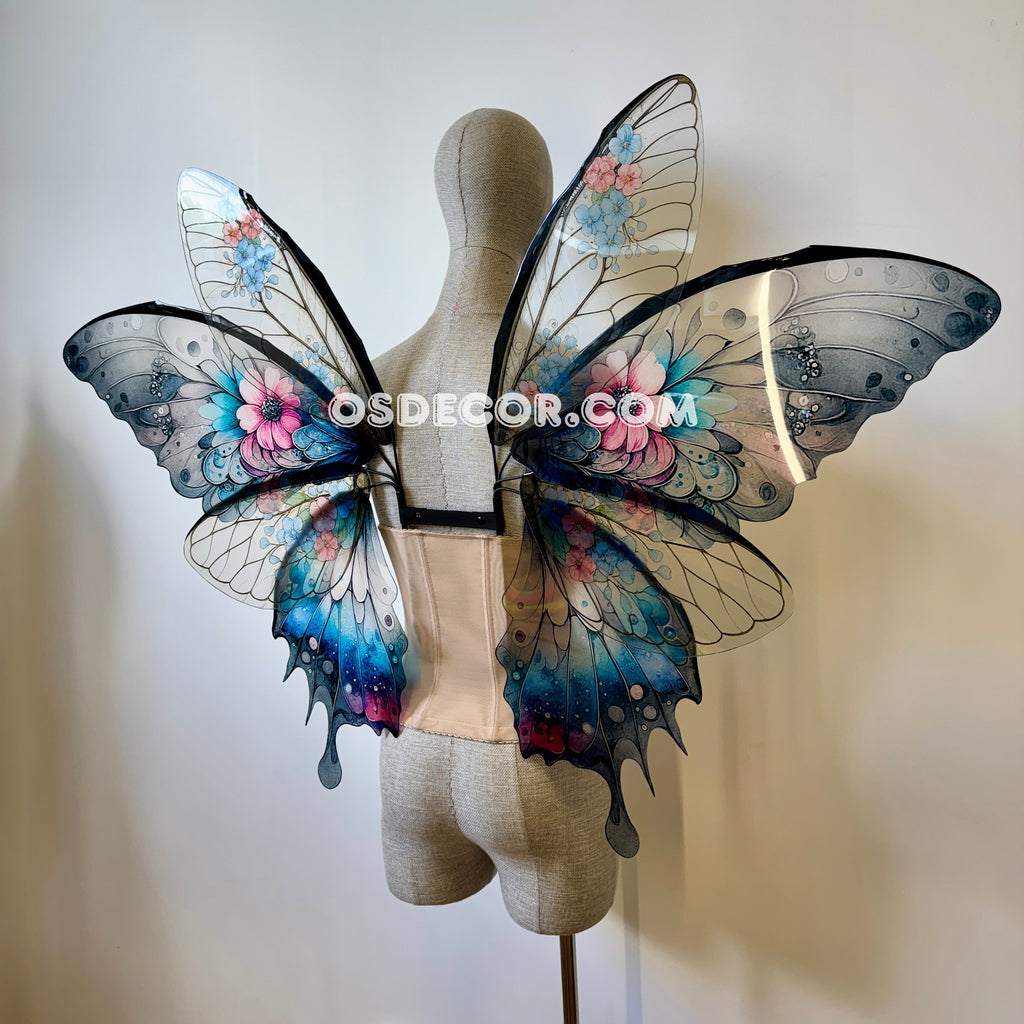 Floral gradient black, blue, pink, clear fairy wings for cosplay photoshoot and costume