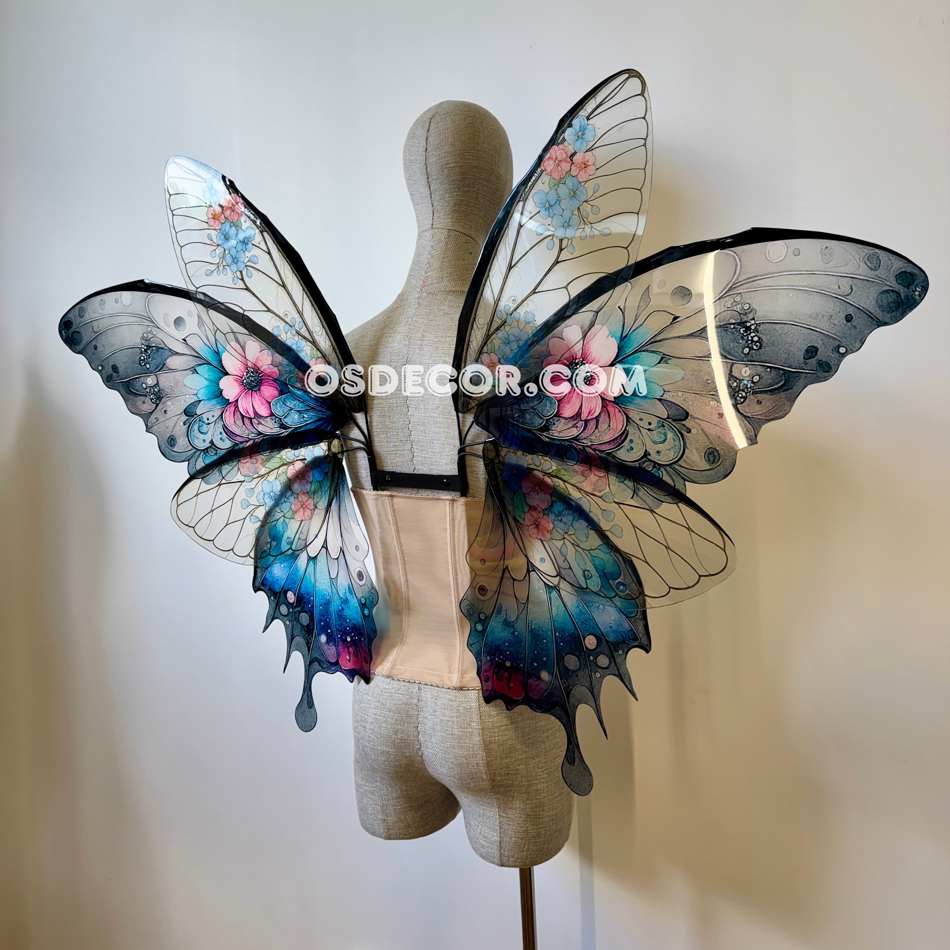 Floral gradient black, blue, pink, clear fairy wings for cosplay photoshoot and costume