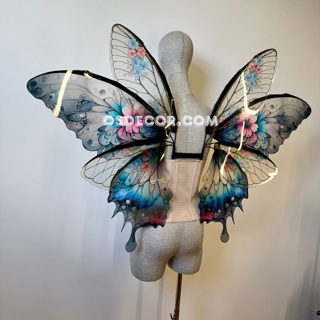 Floral gradient black, blue, pink, clear fairy wings for cosplay photoshoot and costume