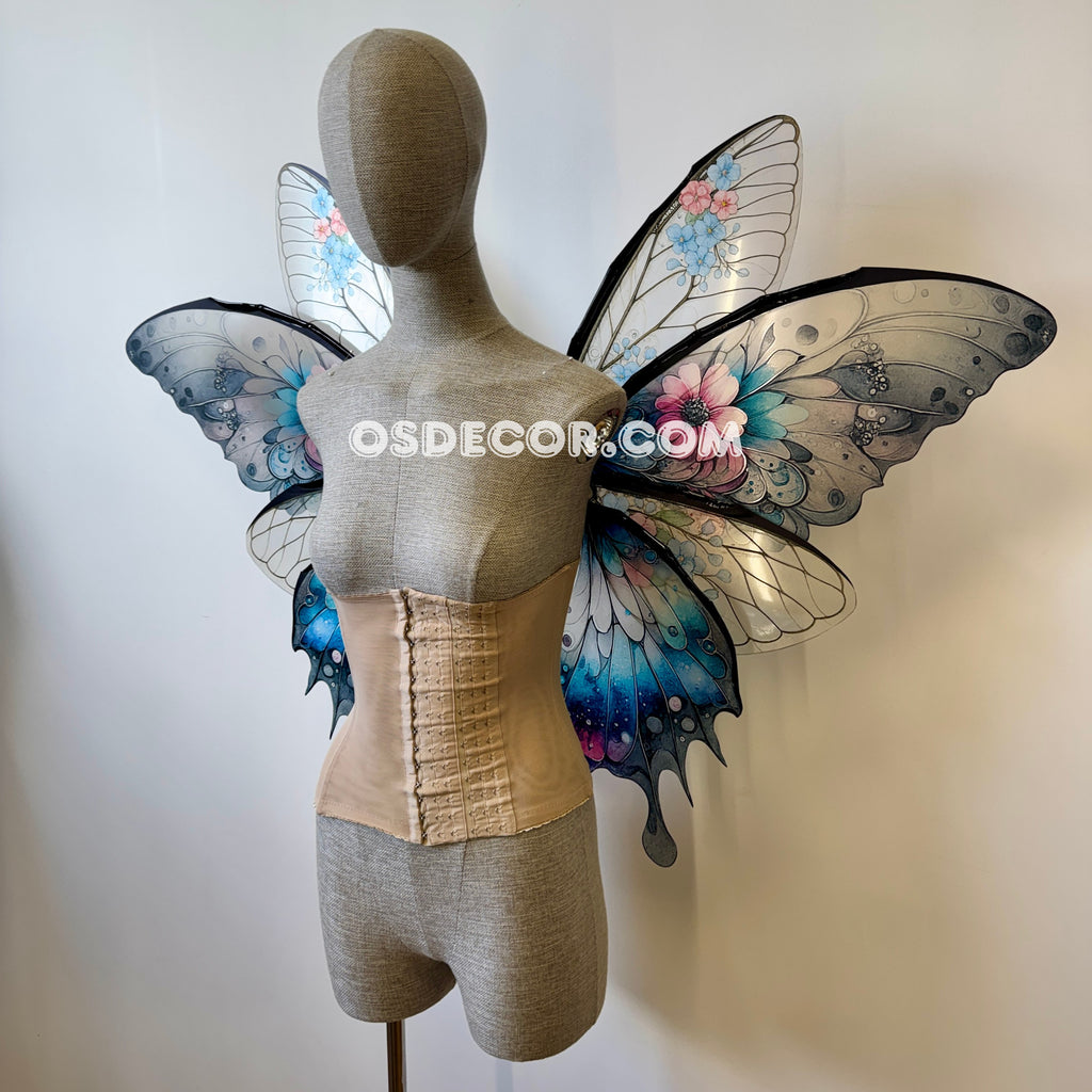 Floral gradient black, blue, pink, clear fairy wings for cosplay photoshoot and costume