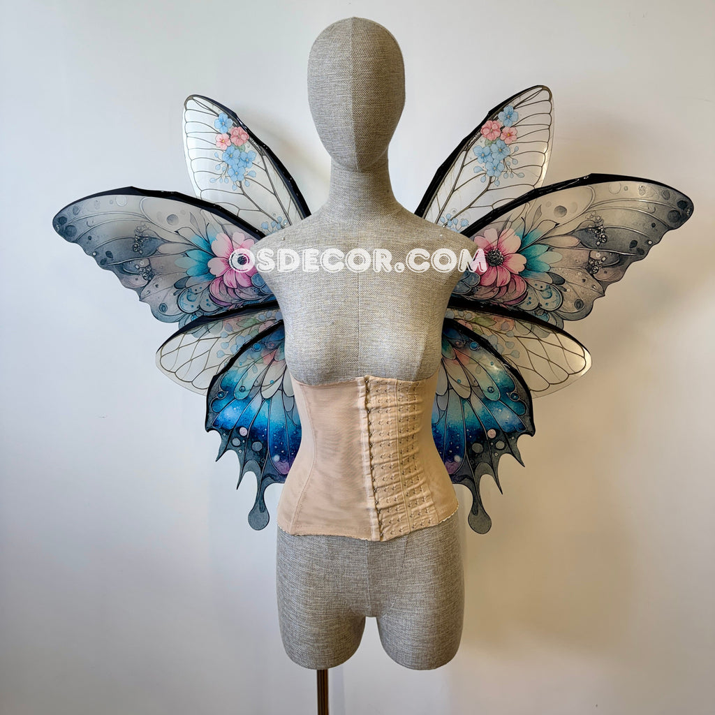Floral gradient black, blue, pink, clear fairy wings for cosplay photoshoot and costume