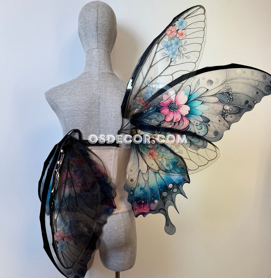 Floral gradient black, blue, pink, clear fairy wings for cosplay photoshoot and costume