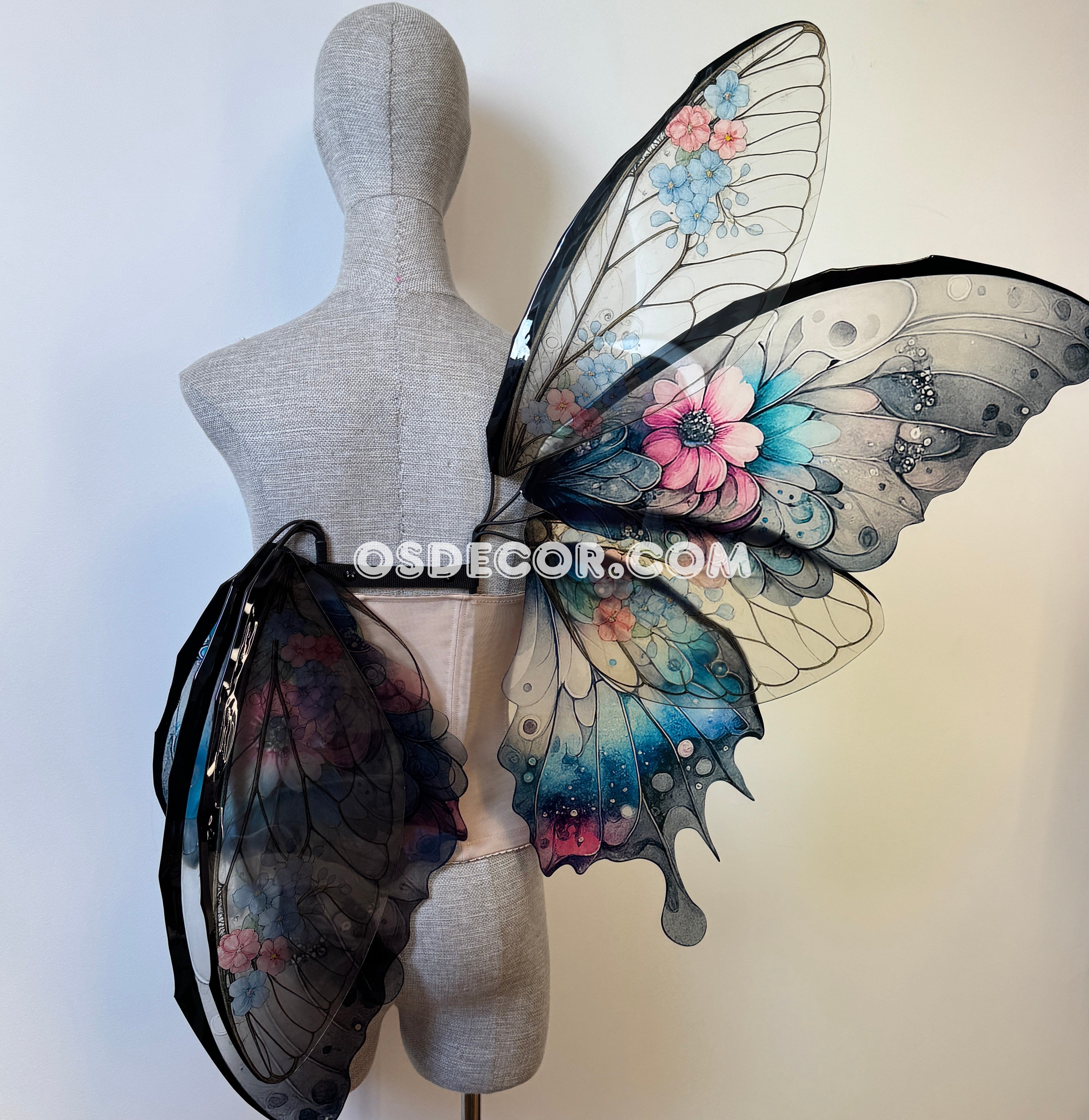 Floral gradient black, blue, pink, clear fairy wings for cosplay photoshoot and costume